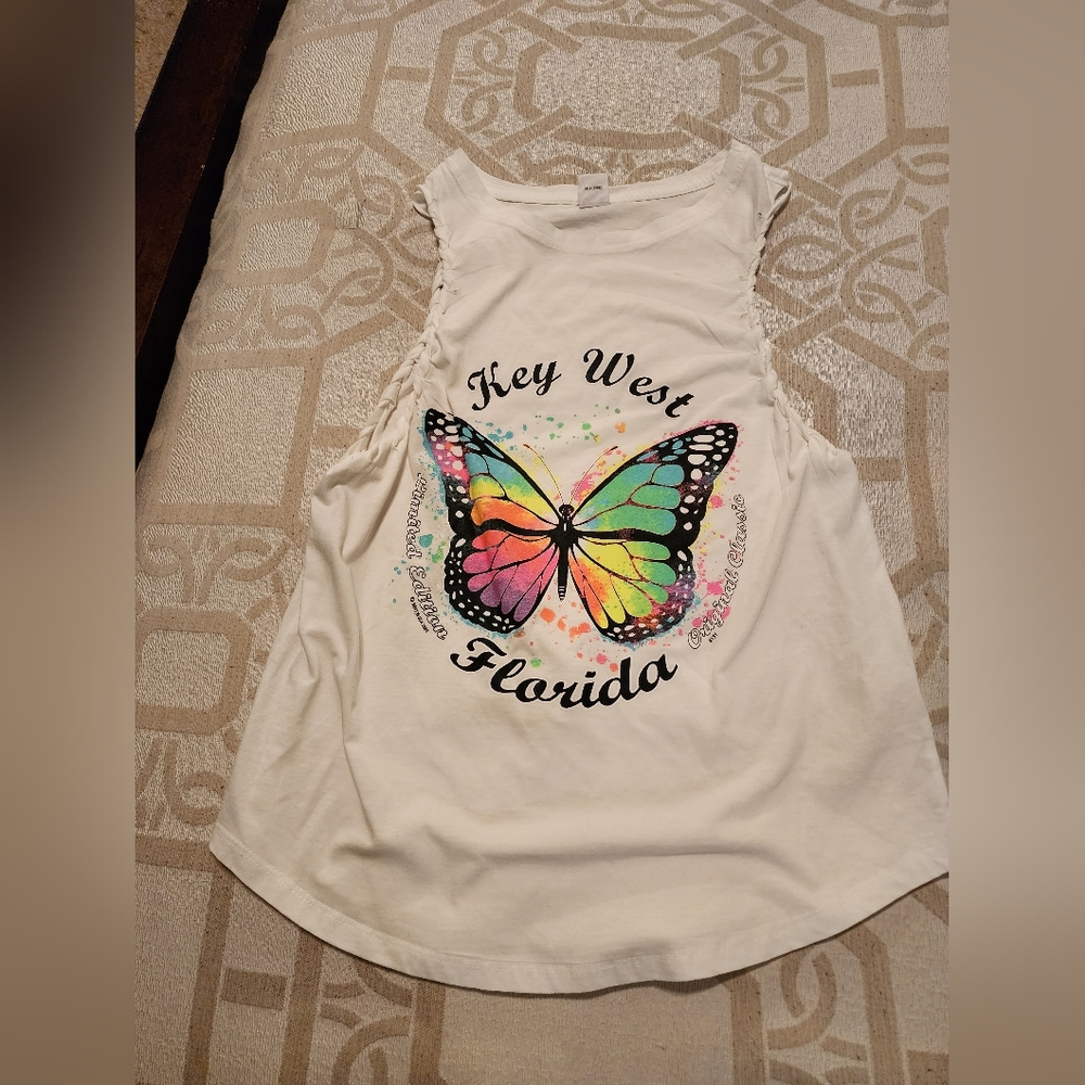Dreamside Key West Tank Top 100%cotton, butterfly print design work on arms. M.